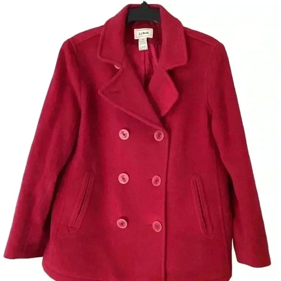 L.L.Bean Red  Pea Coat 100% Lambswool  Warm women’s  Winter Coat Size 10 - Picture 1 of 5